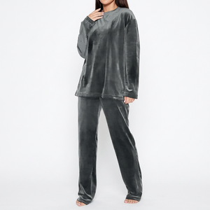 Ensemble de vêtements de nuit décontractés pour femmes, gris, à manches longues, col rond, coupe ample, couleur unie, hiver - Product Image 6