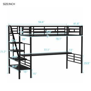 Letto a soppalco matrimoniale in metallo nero con scrivania, non richiede rete a molle, ideale per dormitorio - Product Image 4