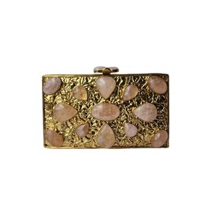 Rose Quartz Gemstone Panelled Clutch with Gold Textured Frame Featuring Soft <b>Pink</b> Natural Stones Luxury Statement <b>Bag</b> for women - Product Image 1