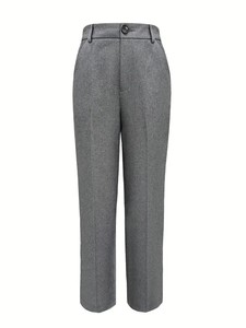 Pantalon décontracté gris uni taille mi-haute coupe droite en polyester et coton, anti-plis, longueur genou, taille élastique, pour femme de bureau - Product Image 6