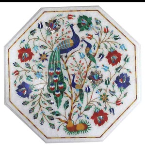 12 Inch Stone Marble Tabletop with Inlay Work Handmade Antique Imitation Mughal Art Design for Luxury Home Decor and Gifts - Product Image 1