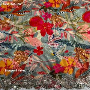 <b>Top</b> Quality Satin Chiffon with Applique work Butti & Border & Scallop Border Saree-Digital Print Colorful Blouse <b>Indian</b> Supplier - Product Image 6
