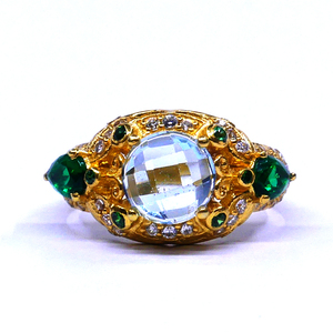 Vintage Gold Plated Cocktail <b>Ring</b> With Blue Crystal And <b>Green</b> Gemstones Pave Setting Women's Party Jewelry - Product Image 2