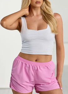 Short de course pour femme, nouvelle conception, logo personnalisé rose, tissu tissé, taille élastique, nylon léger, pour la gym et le yoga. - Product Image 6