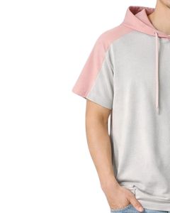 Men Short Sleeve Hoodie T Shirt Grey <b>Pink</b> Color Block Casual Pullover Hooded Top With Logo Soft Cotton Blend Summer Wear Styles - Product Image 3