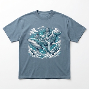 เสื้อยืดแฟนตาซี เวล ไอส์แลนด์ |   เสื้อยืดผ้าฝ้ายหนา 240 GSM สีฟ้าโอเชียนสตีล พร้อมลายกราฟิกเมฆลอย - Product Image 1