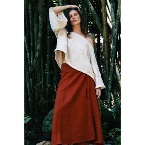 กระโปรงแม็กซี่เอวสูงทรงเอไลน์สีแดงสนิมผูกข้างสไตล์โบฮีเมียนลำลองสำหรับฤดูร้อนสำหรับผู้หญิง - Product Image 2