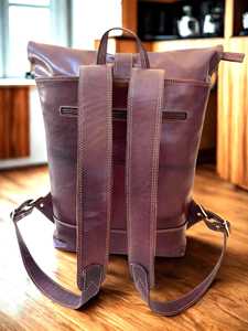 Grey Genuine Leather <b>Backpack</b> with Brown Leather Roll Top <b>Backpack</b> Bags Strap Buckle Business Casual Design Compartment <b>Backpack</b> - Product Image 5