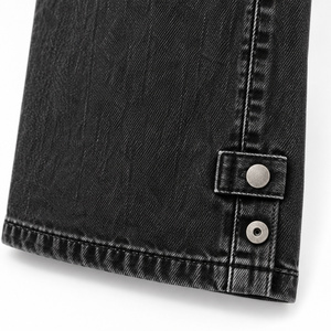 Jean en denim taille haute pour femme, coupe large, avec ourlet boutonné, noir délavé, extensible, disponible en ODM - Product Image 4