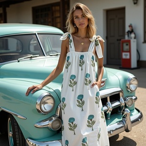 ชุดแม็กซี่ที่ถูกประดิษฐ์ขึ้นอย่างช้าๆพร้อมบล็อกลายดอกไม้มรดกผ้าฝ้ายระบายอากาศแบบอินเดียแขนกุดรายละเอียดโบว์ไหล่และสง่างามอบอุ่น - Product Image 1