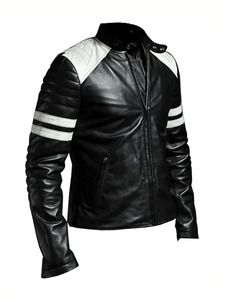 Chaqueta de Motero Negra con Rayas Blancas para Hombre - Product Image 2