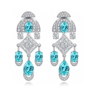 Boucles d'oreilles de luxe géométriques en forme de lustre avec strass en cristal bleu, en argent 925 plaqué rhodium, bijoux de soirée pour femme - Product Image 6