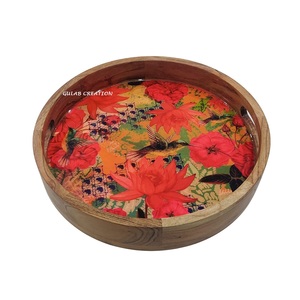 Bandeja de servicio impresa redonda de madera maciza de Acacia con asa para cocina, comedor y presentación decorativa de alimentos - Product Image 4
