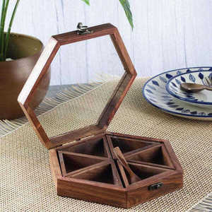 Molinillo de especias y nueces rectangular de madera de pino pulida, imitación antigua, multiusos, personalizado, con 9 compartimentos, ecológico y apto para lavavajillas. - Product Image 4