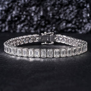 Emerald Cut Tennis <b>Bracelet</b> <b>Silver</b> Rhodium Plated Moissanite Iced Hip Hop <b>Mens</b> Womens Unisex Luxury Bling Jewelry - Product Image 1