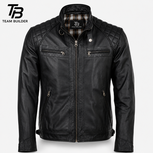 Blouson de moto d'hiver imperméable en cuir véritable pour homme grande taille TEAM BUILDER avec garniture en peau de mouton, col montant et doublure à carreaux zippée - Product Image 1