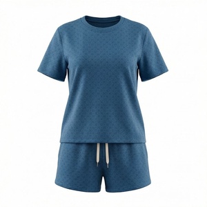 Ensemble décontracté 2 pièces pour femme en coton tricoté, couleur unie, t-shirt à manches courtes et short au-dessus du genou, coupe ample, idéal printemps-été - Product Image 1