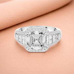 Elegante Anillo de Compromiso con Moissanita Corte Asscher, Oro Blanco, Halo de Diamantes, Anillo de Boda, Certificado IGI, Joyería Nupcial - Product Image 1