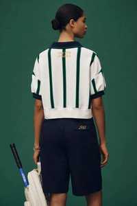 <b>Striped</b> <b>Polo</b> <b>Shirt</b> White Green Color Blocked Navy Collar Short Sleeve Sporty Top - Product Image 2