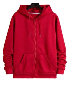 Sudadera con Capucha Roja para Hombre, Cierre de Cremallera, Corte Regular, Color Sólido, Informal, de Algodón French Terry, Manga Larga, para Invierno, con Bolsillo Digital - Product Image 1