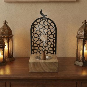 Brûleur d'encens en résine fait main avec un design géométrique islamique et un dessus en forme de lune pour usage religieux par Curio Craft - Product Image 6