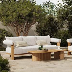 Contemporary Outdoor Garden <b>Sofa</b> Set With <b>Wooden</b> <b>Frame</b> And White Cushions Three Seat Waterproof Design - Product Image 1