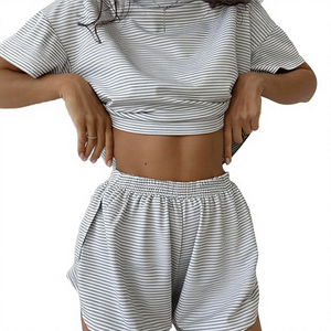 OEM ODM Custom Logo Women's Two Piece Strapless Casual Short <b>Set</b> Solid <b>Knitted</b> Polyester Cotton Summer Fashion Crop Wide Leg - Product Image 2