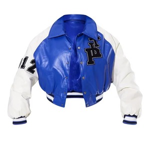 Custom Ladies College Varsity Leather Jacket Embroidered Wool Body Genuine Leather Sleeves OEM ODM Sample Service Available - Product Image 1
