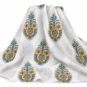 Tissu en voile de coton peigné léger imprimé à la main Pinksa Fashion, motif feuilles jaunes et bleues, 90 GSM - Product Image 5