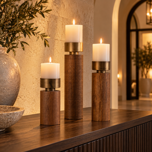 Porte-bougies cylindriques en bois et laiton pour bougies chauffe-plat, trois hauteurs, centre de table rustique, accent de table en bois naturel, fait main pour Noël - Product Image 3