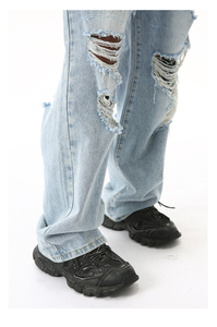 Vaqueros desgastados con parches personalizados, corte ajustado, recto, holgado, estilo streetwear, efecto apilado, denim vintage lavado, estilo Y2K, elásticos - Product Image 3