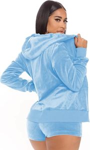 Ensemble de survêtement 2 pièces pour femme en velours, avec short et veste à capuche zippée à manches courtes, 100 % coton, style décontracté - Product Image 6