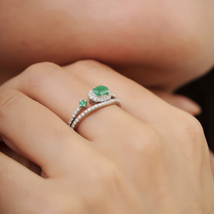 Classic 925 Sterling <b>Silver</b> Natural Oval & Round Cut Natural <b>Emerald</b> Gemstone Stackable <b>Ring</b> For Women's Everyday Wear - Product Image 4