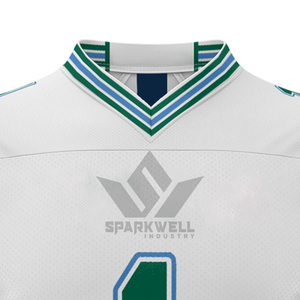 Maillot de football pour homme blanc, vert et bleu, col en V, manches courtes, en mesh, avec numéro d'équipe imprimé sur le devant, vêtement de sport - Product Image 3