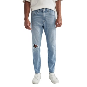 Hot Sale Stonewashed Denim <b>Jeans</b> for Young Men High Street Style Light Blue RegularSlim Fit <b>Elastic</b> Cotton Pant - Product Image 1