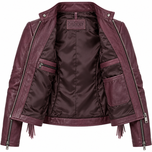 Side <b>Tassel</b> Pocket <b>Women</b> Real Leather Biker <b>Jacket</b> Deep Plum Mandarin Collar Piping Outerwear Custom Factory Service Odm - Product Image 5