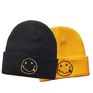 Unisex Beanie Hat 100% Acrylic Knitted <b>Winter</b> <b>Cap</b> Embroidery Smile Face Street Style Casual 56-58CM Adult Size - Product Image 1