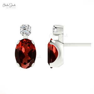 Top Quality 14k Pure Gold Natural 7x5mm Oval Cut Garnet & Diamond Stud <b>Earrings</b> Handmade Accent <b>Fine</b> <b>Earrings</b> Direct Bulk Supply - Product Image 2