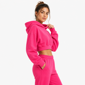 Women Hooded Printed 100% Cotton <b>Pink</b> Cropped Long Sleeve Solid Color Knitted Quick Dry Winter Casual <b>Sweatshirt</b> - Product Image 4