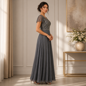 Luxury Grey Beaded Evening Gown for Women Elegant V Neck Formal Maxi Dress Embroidered Chiffon Party Wear Cocktail Prom Dress - Product Image 4