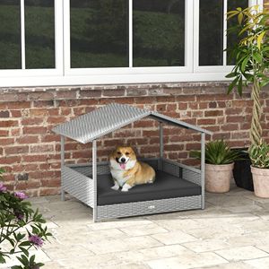 Cuccia per Cani da Esterno in Vimini con Tettoia Impermeabile e Cuscino, Letto Rialzato per Cani Piccoli e Medi, Arredamento per Animali in Rattan - Product Image 1