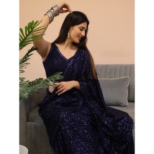 Séduisant Blush Blue Sequins Georgette Designer Saree Avec Chemisier - Product Image 1