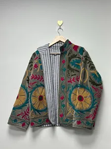 Luxury <b>Velvet</b> Suzani Embroidered <b>Jacket</b> With Floral pattern Full Sleeve Stand Collar <b>Women's</b> Winter Coat Handmade Patchwork - Product Image 1