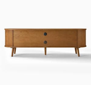 Meuble TV moderne minimaliste en teck massif avec porte coulissante et étagère ouverte, meuble de salon scandinave - Product Image 4