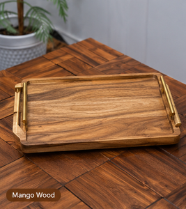 Plateau de service rectangulaire en bois d'acacia, de manguier et de noyer, poli, écologique, avec poignées dorées, pour le thé, le café et le petit-déjeuner - Product Image 6