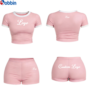 Women's Shorts Sets Summer Outfits Custom Logo Shorts Set Summer Women Clothes Women's Basic Short Sleeve Crew Ribbed 2-Pcs Set - Product Image 2