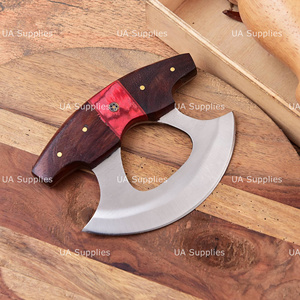 Luxury Handmade Ulu Chef <b>Knife</b> Stainless Steel Blade Custom Wooden <b>Handle</b> Curved Design Ambidextrous High-Polish Finish Leather - Product Image 3