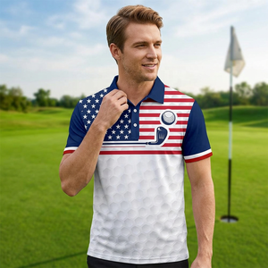 American Flag <b>Golf</b> <b>Polo</b> Shirt Men Short Sleeve Quick Dry Printed Design <b>White</b> Blue Red Hex Pattern Front Logo - Product Image 6