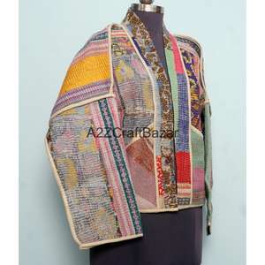 Veste à col roulé boutonnée en coton 100% pour femme, tricotée à la main, réversible, écologique, respirante, séchage rapide, style vintage Kantha - Product Image 4