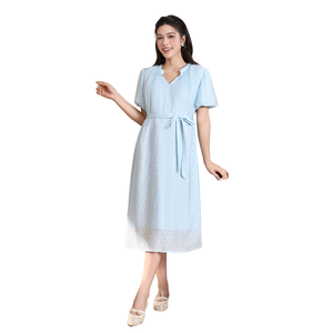 V1579 Camisón de Maternidad para Mujer, Azul Claro con Puntos, Cuello en V, Manga Corta, Largo hasta la Rodilla, Corte en A, 100% Algodón, Transpirable, Vestido de Verano - Product Image 1